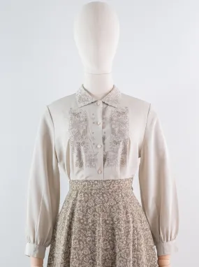 Vintage Brown Cuff Sleeved Floral Embroidery Blouse