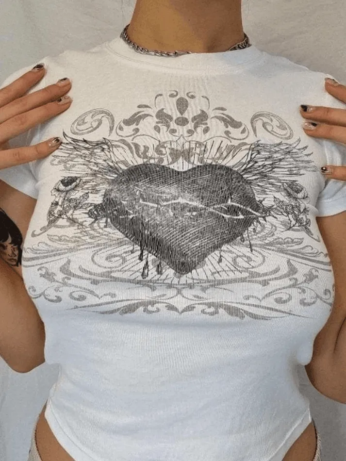Vintage Heart Print Short Sleeves Tee
