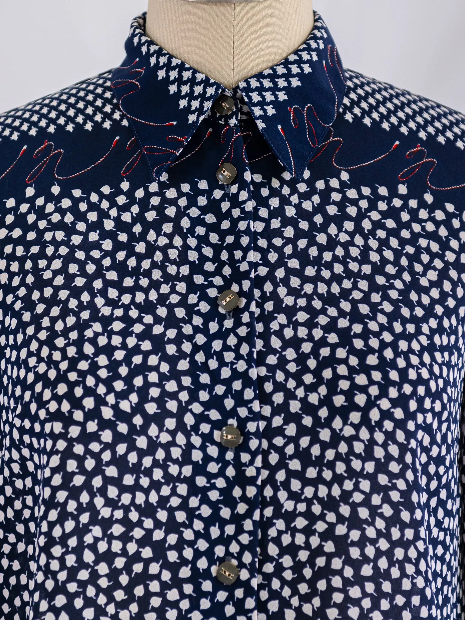 Vintage Leaf Print Cuff Sleeved Blue Chiffon Blouse