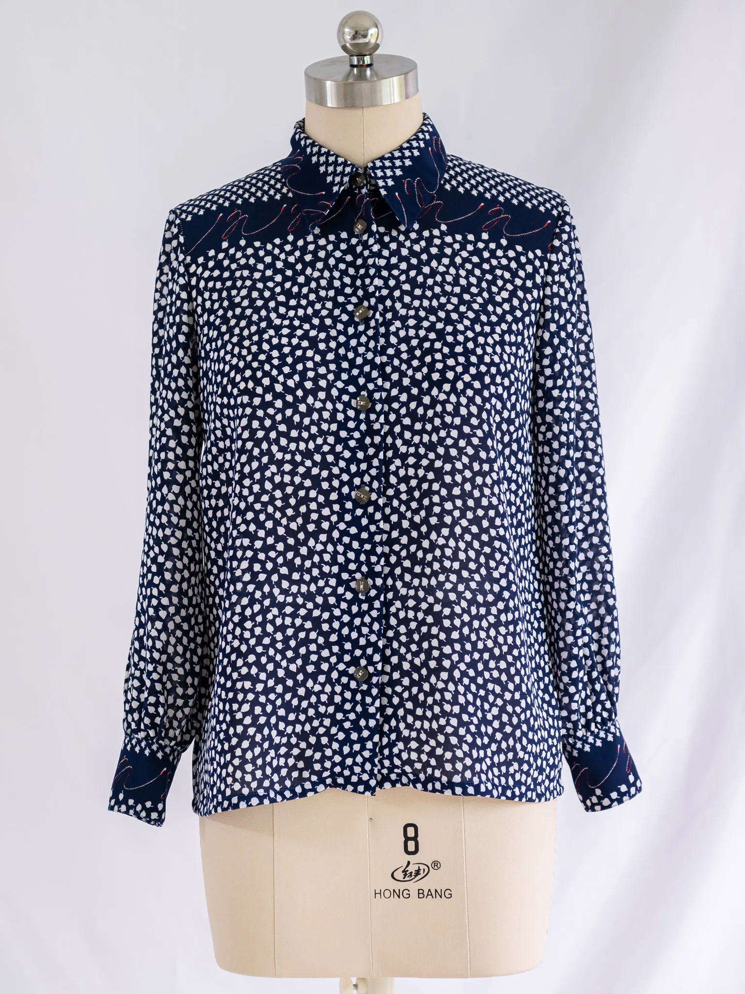 Vintage Leaf Print Cuff Sleeved Blue Chiffon Blouse