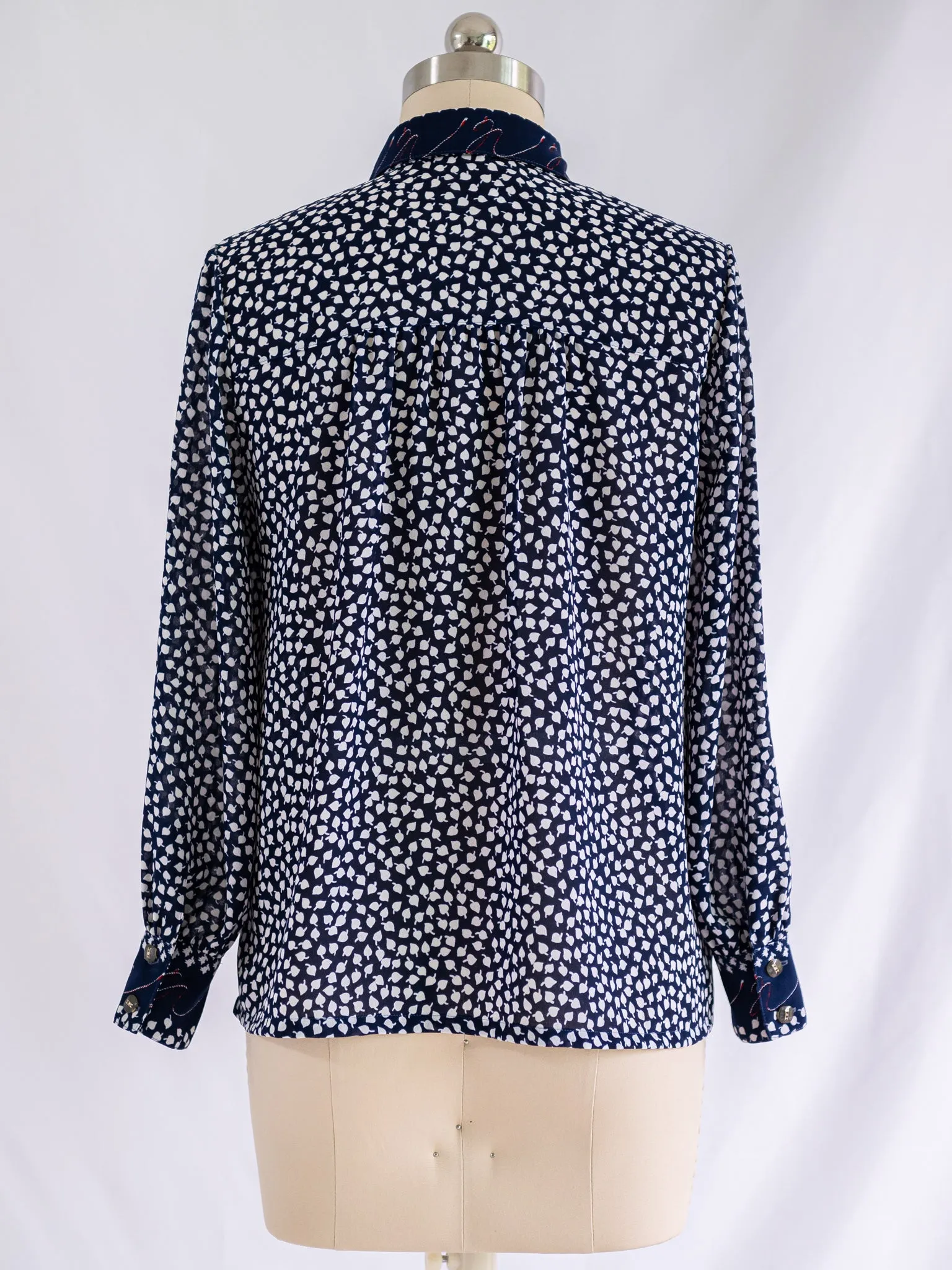 Vintage Leaf Print Cuff Sleeved Blue Chiffon Blouse