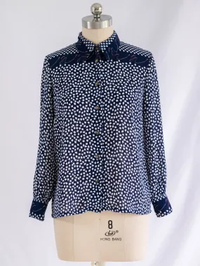 Vintage Leaf Print Cuff Sleeved Blue Chiffon Blouse