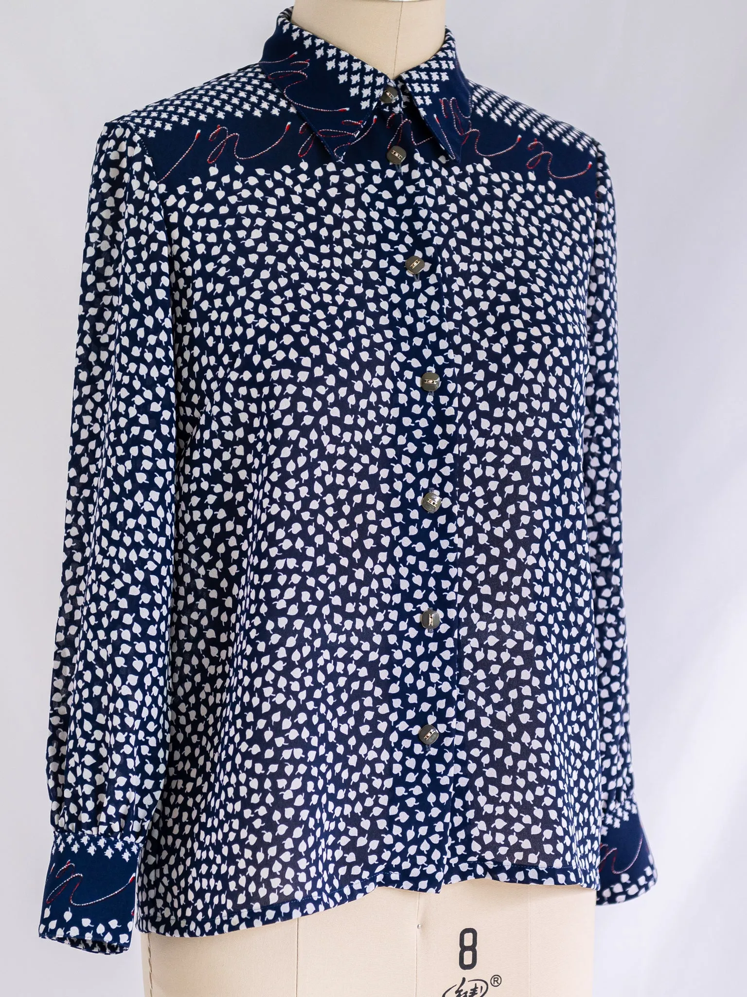 Vintage Leaf Print Cuff Sleeved Blue Chiffon Blouse