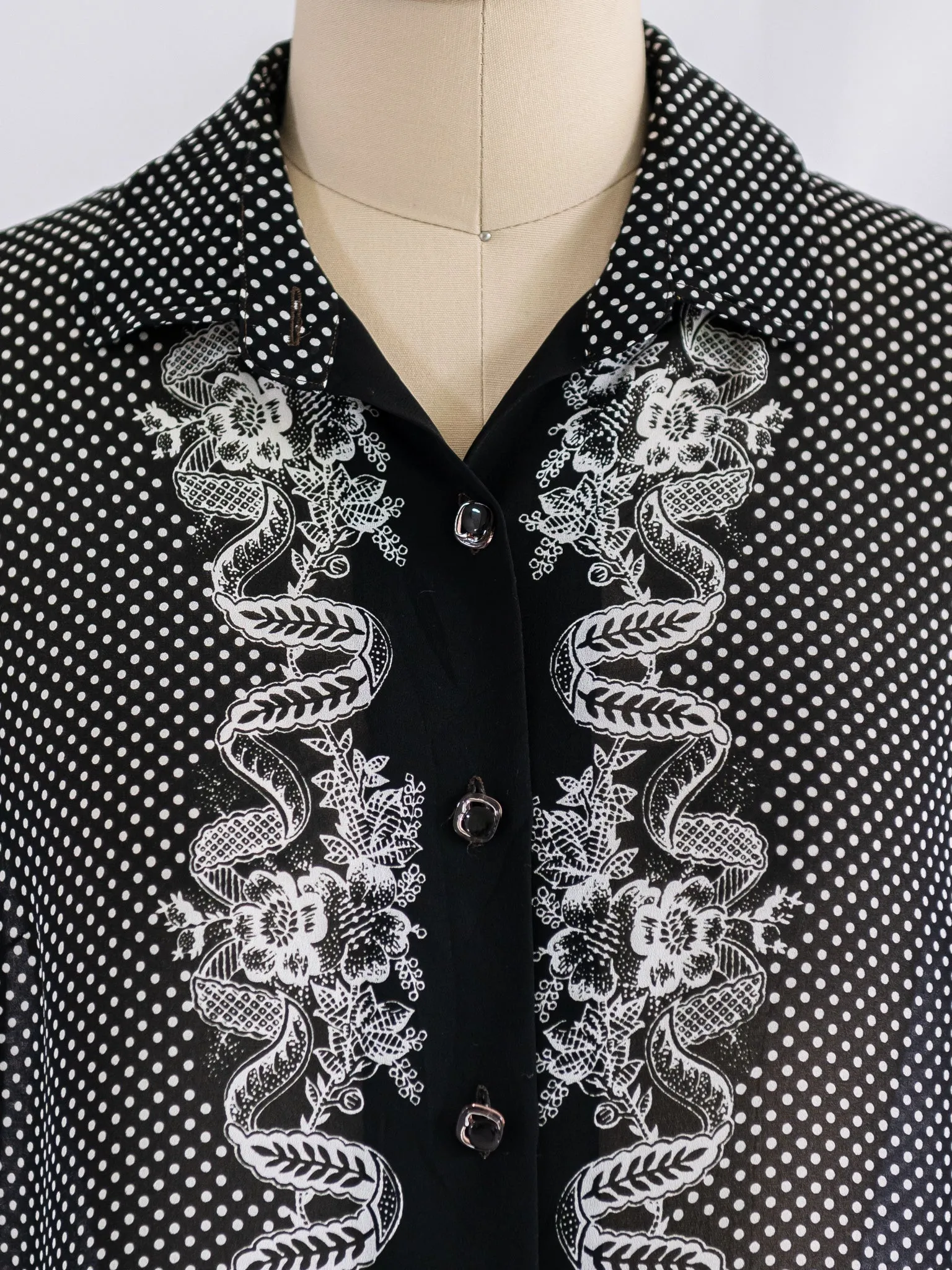 Vintage Pin Dot Chic Noir Collared Chiffon Blouse