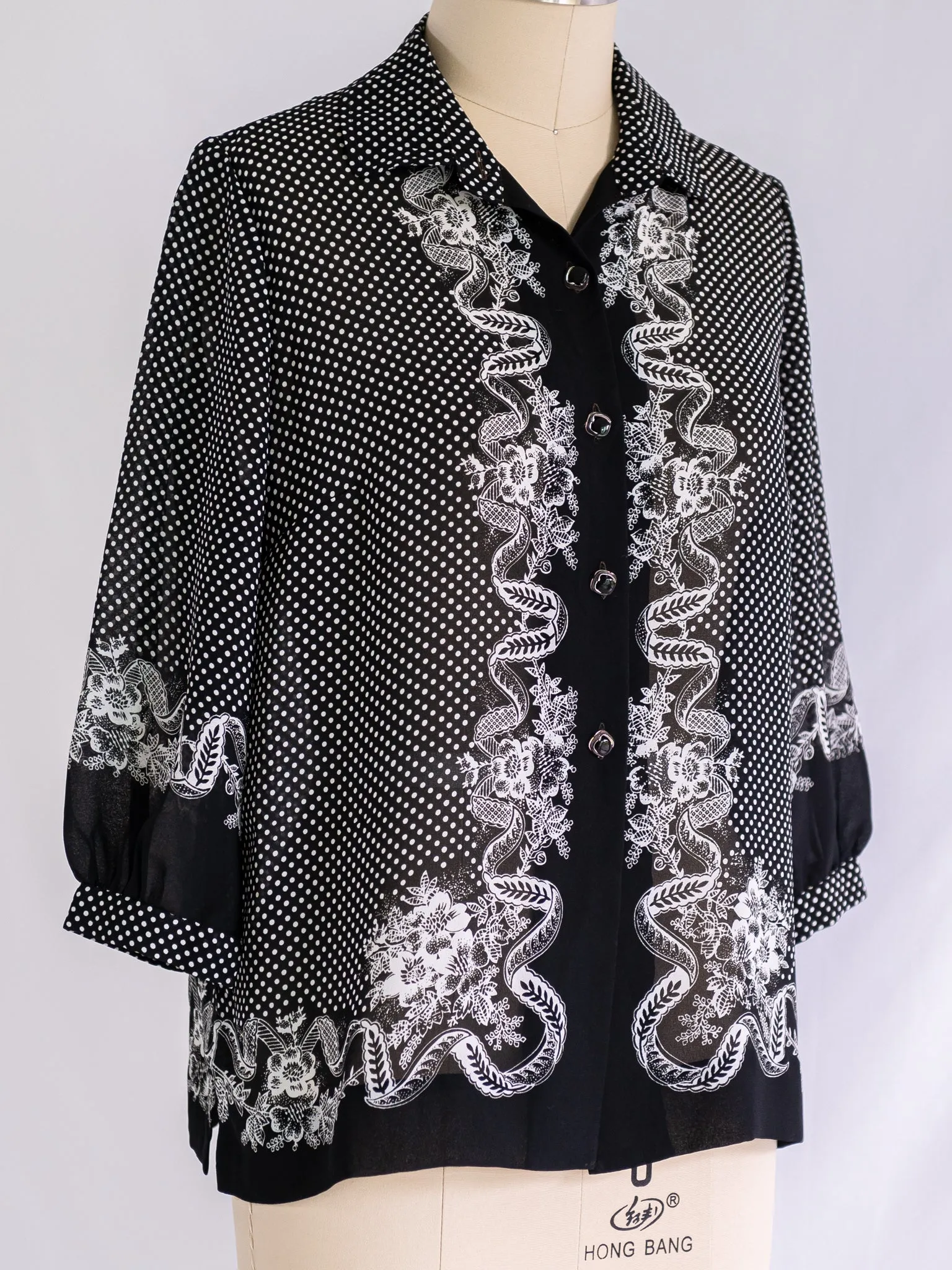 Vintage Pin Dot Chic Noir Collared Chiffon Blouse