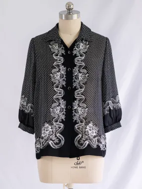 Vintage Pin Dot Chic Noir Collared Chiffon Blouse