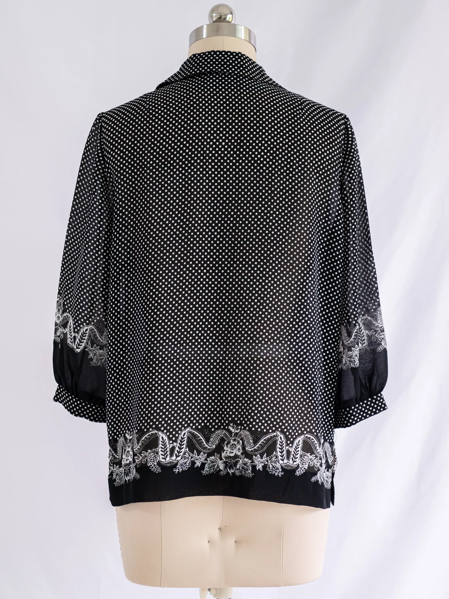 Vintage Pin Dot Chic Noir Collared Chiffon Blouse