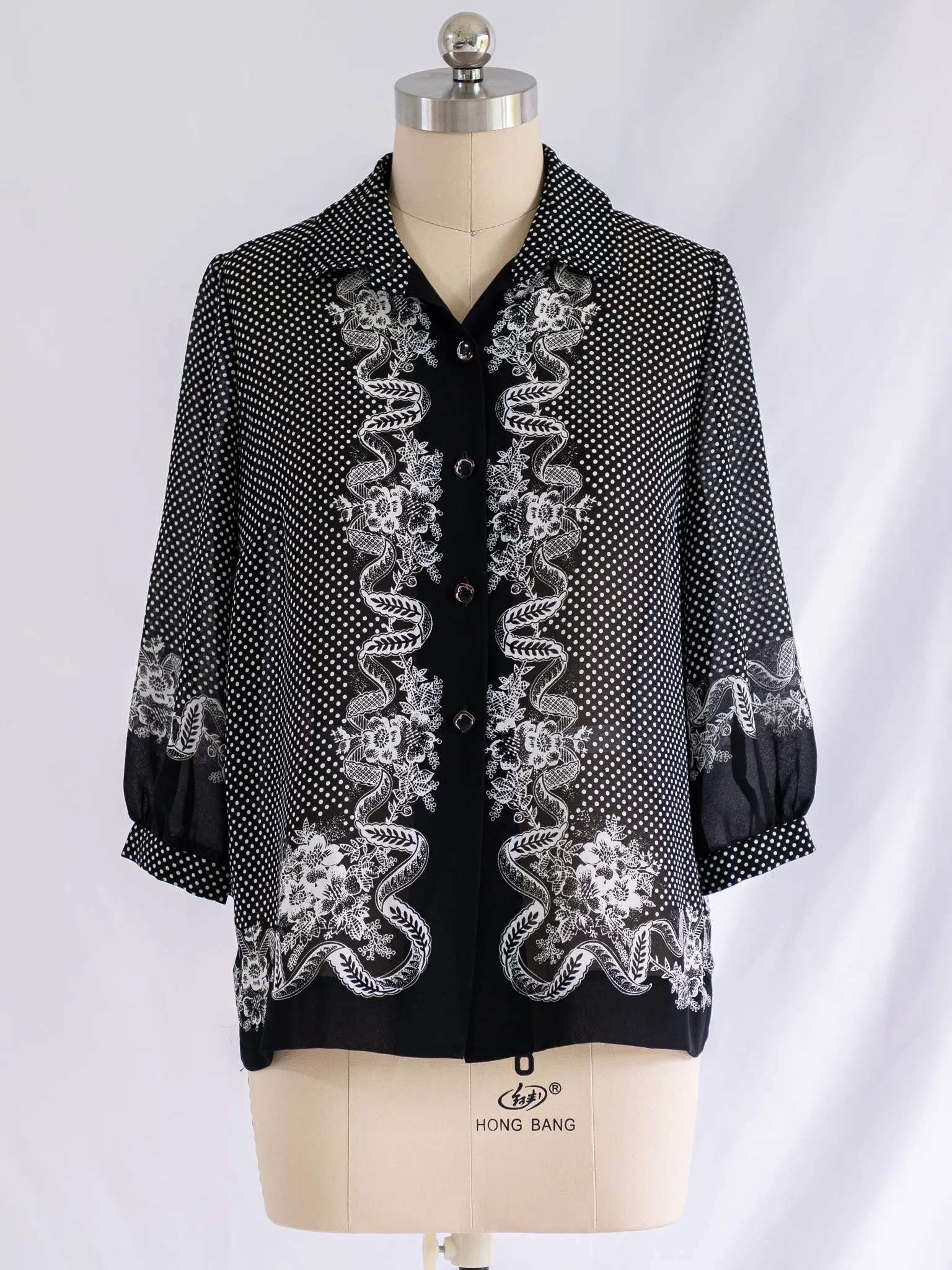 Vintage Pin Dot Chic Noir Collared Chiffon Blouse