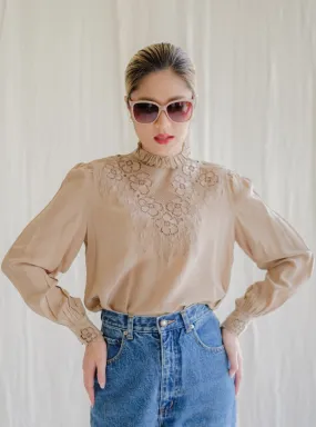 Vintage Silk Frill Neck Cuff Sleeved Khaki Blouse