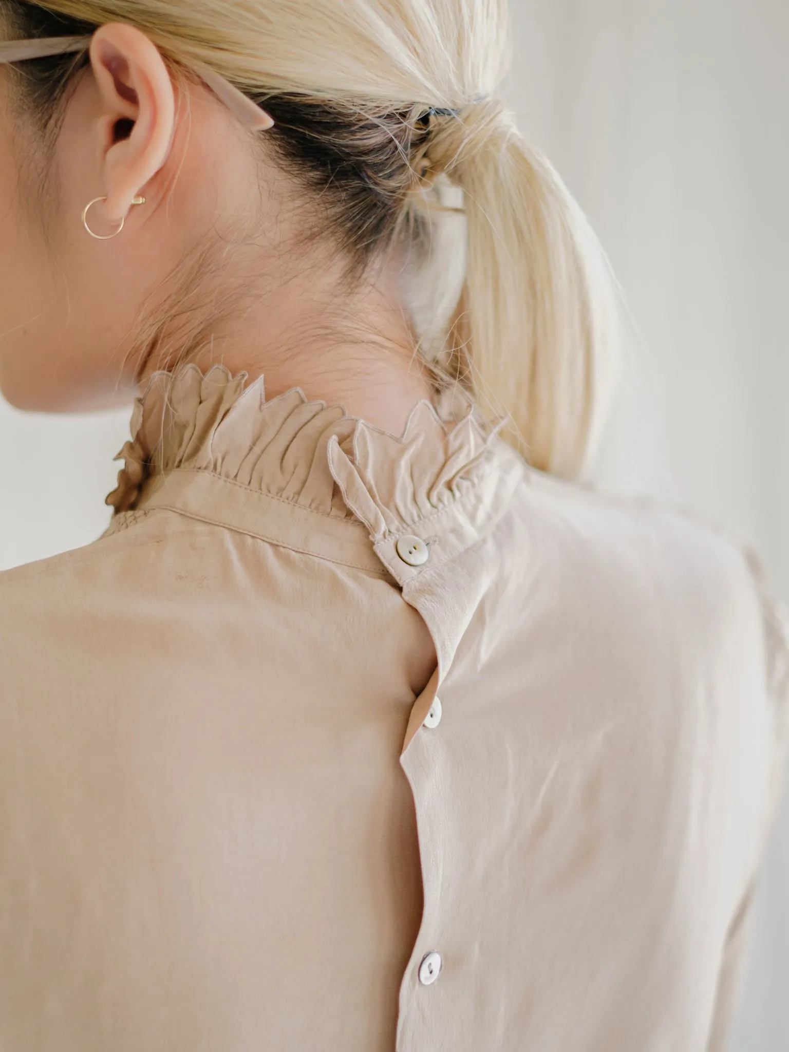 Vintage Silk Frill Neck Cuff Sleeved Khaki Blouse