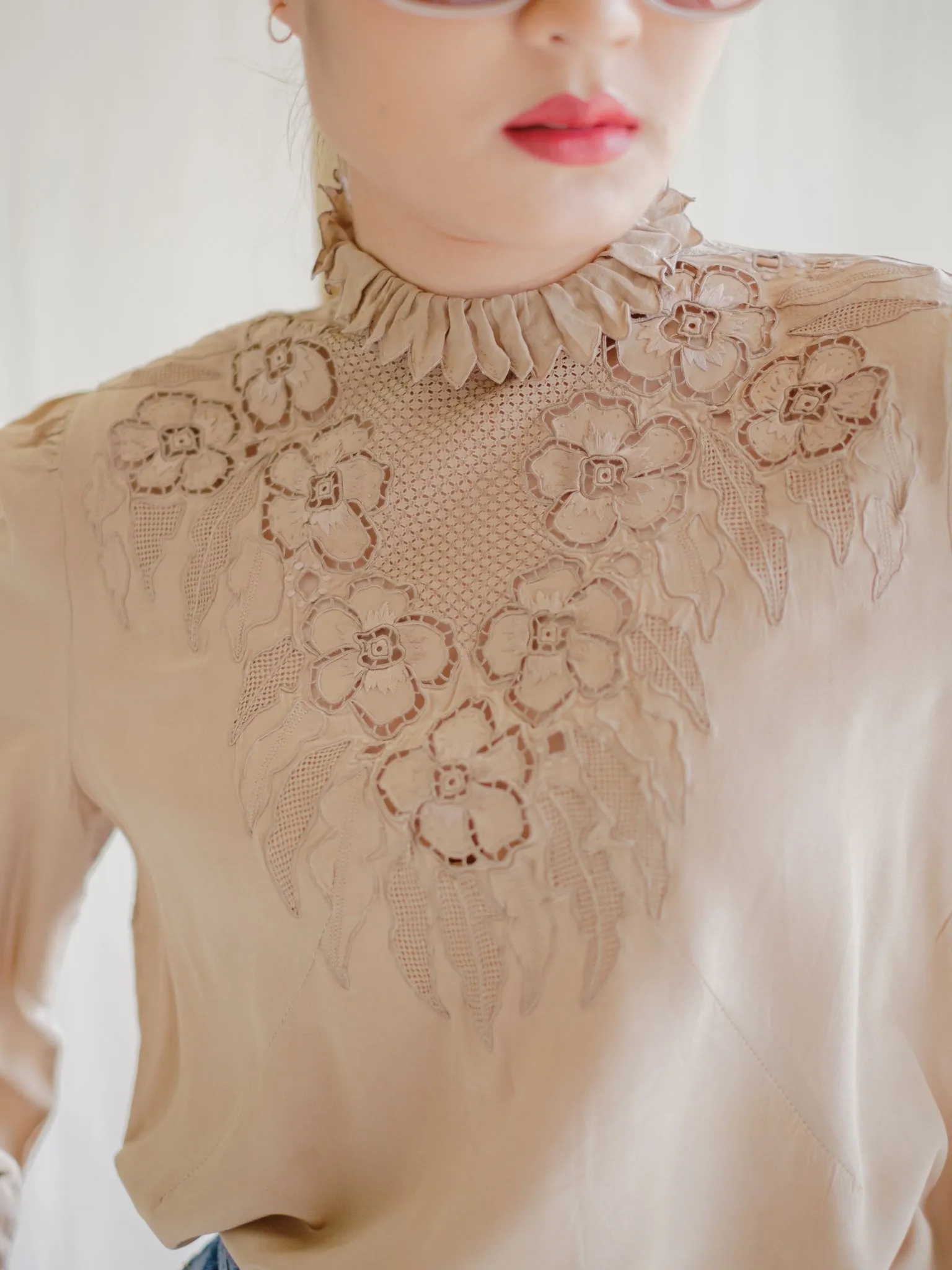 Vintage Silk Frill Neck Cuff Sleeved Khaki Blouse