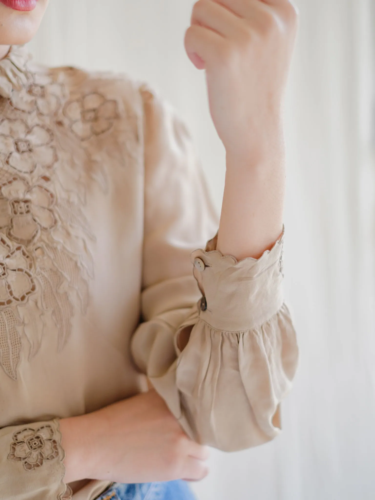 Vintage Silk Frill Neck Cuff Sleeved Khaki Blouse