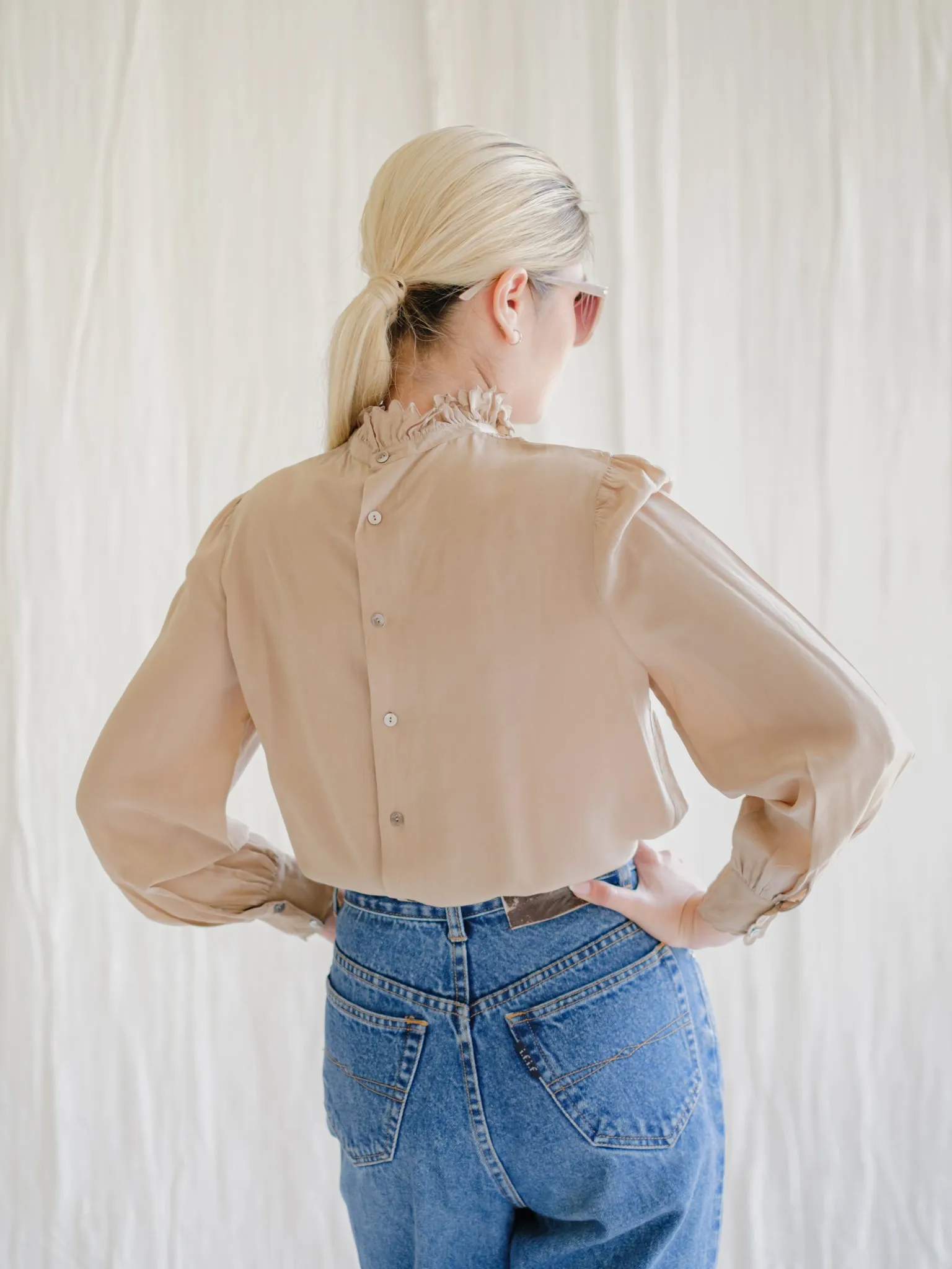 Vintage Silk Frill Neck Cuff Sleeved Khaki Blouse