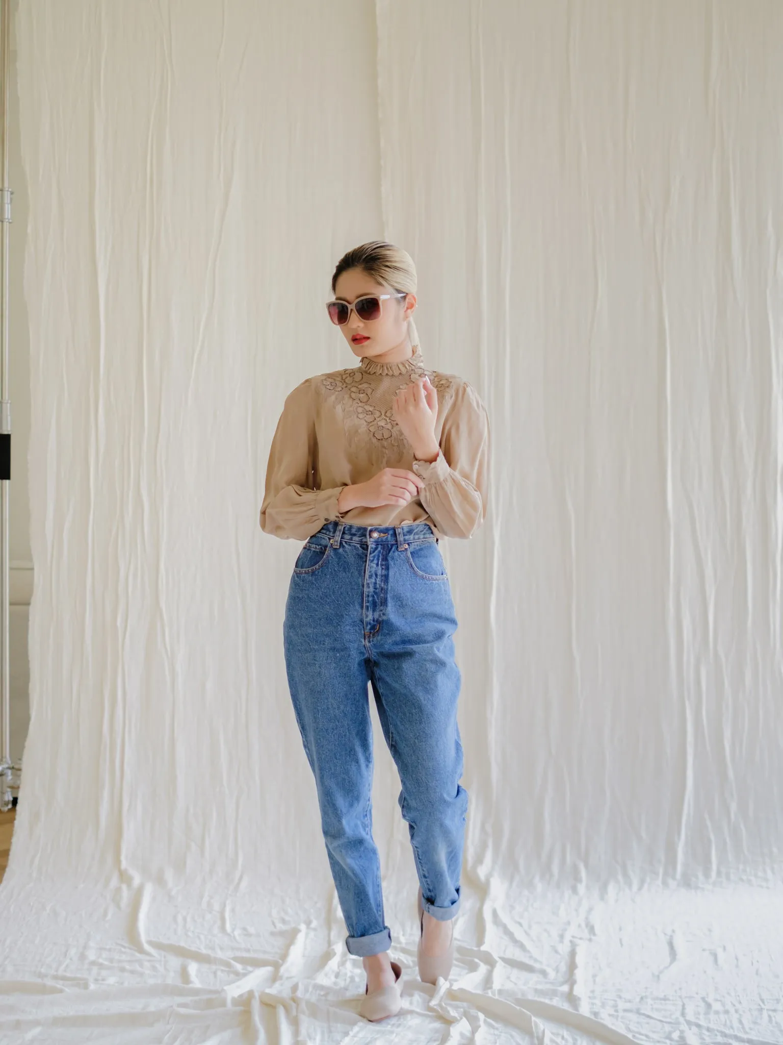 Vintage Silk Frill Neck Cuff Sleeved Khaki Blouse