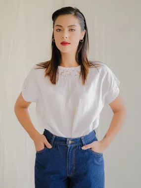 Vintage White Cotton Round Neck Back Button Blouse