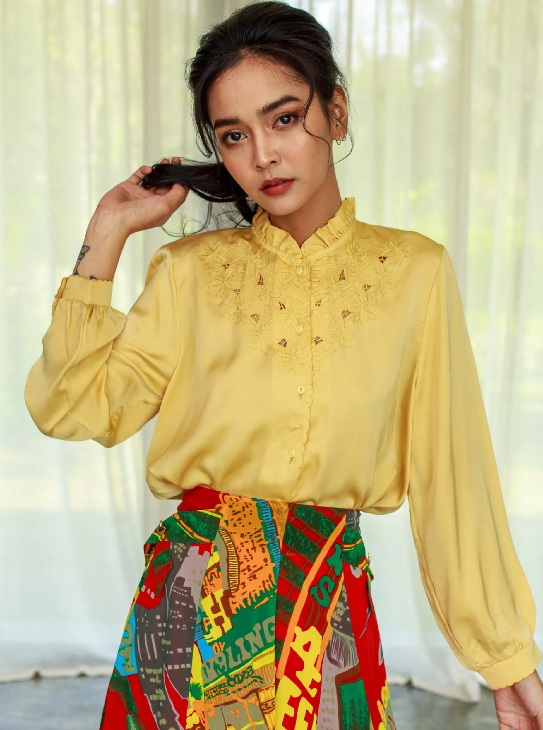 Vintage Yellow Silk Intricate Embroidery Full Sleeved Blouse