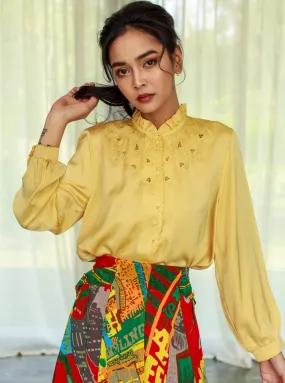 Vintage Yellow Silk Intricate Embroidery Full Sleeved Blouse