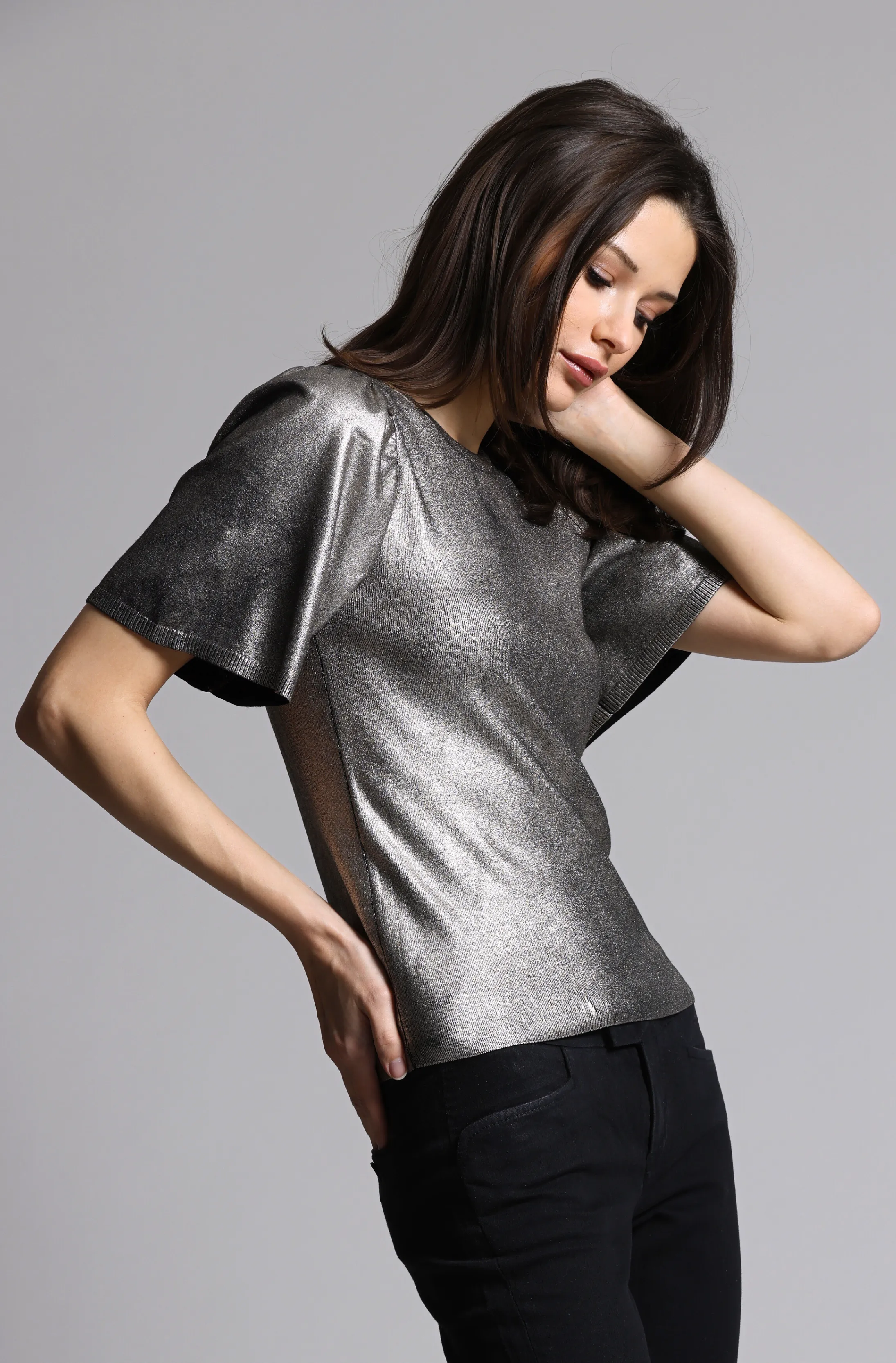 Viscose Metallic Print Flared Short Sleeve Top