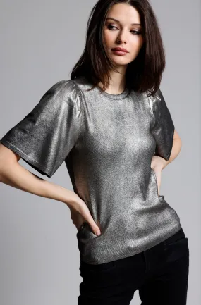 Viscose Metallic Print Flared Short Sleeve Top