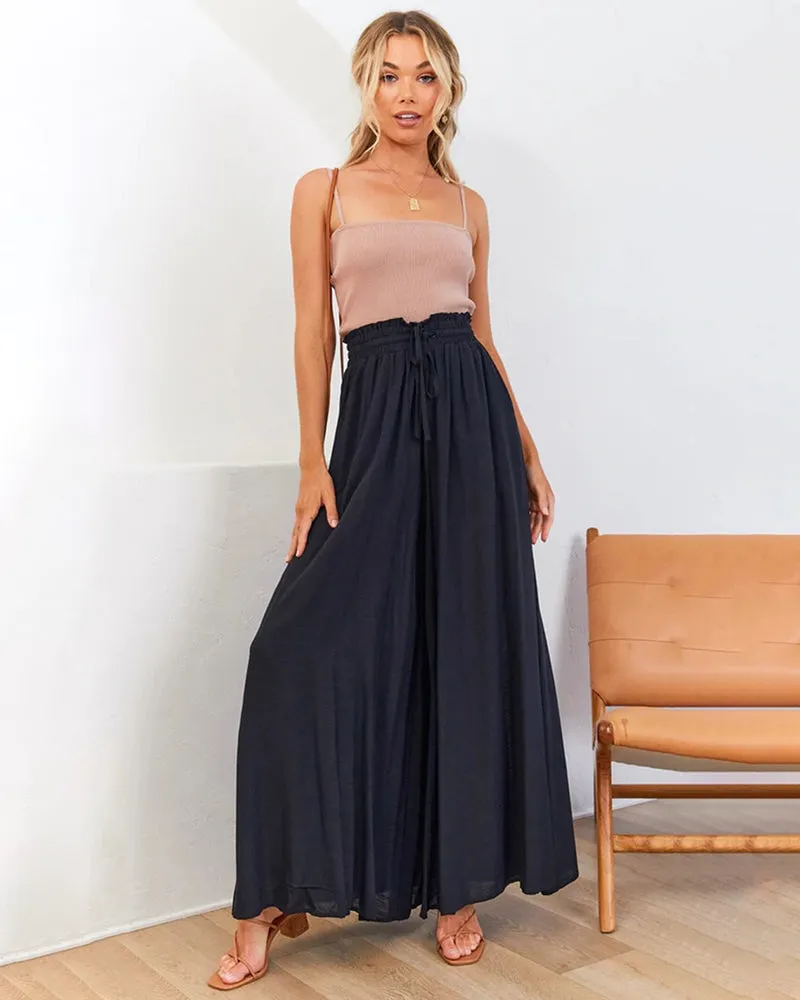 Wide Leg Flowy Pants Summer Boho Elastic Waist Drawstring Palazzo Trousers