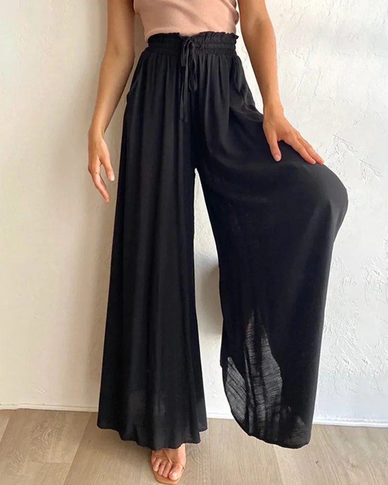 Wide Leg Flowy Pants Summer Boho Elastic Waist Drawstring Palazzo Trousers