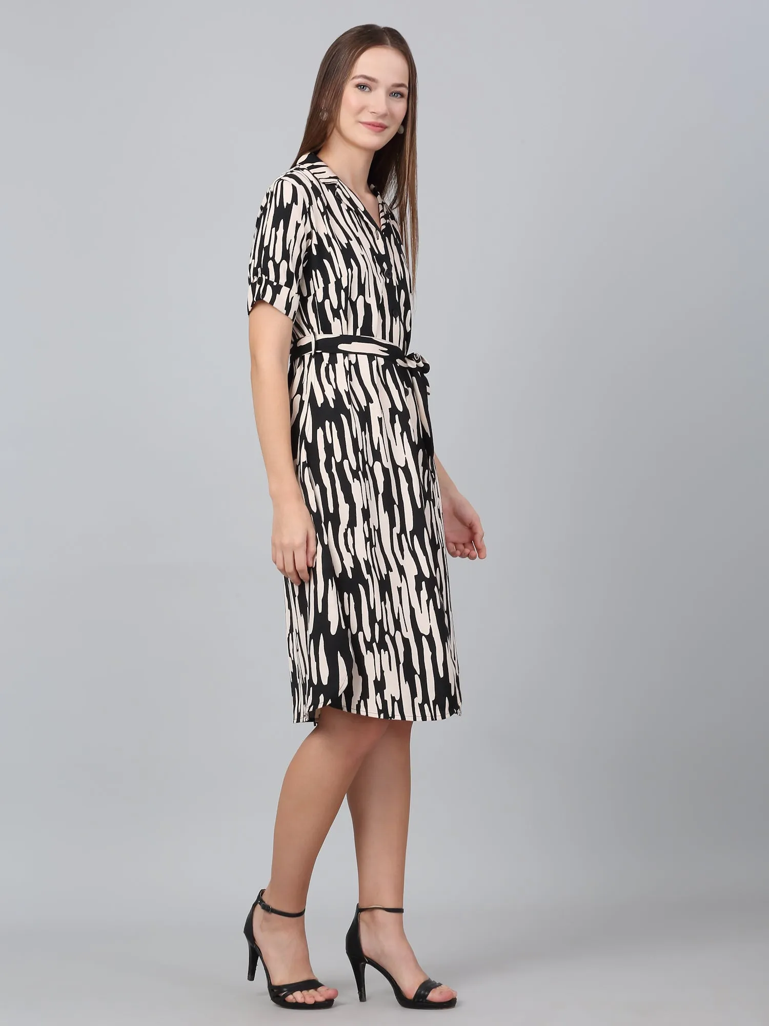 Women Black Shirt Collar Printed Dress