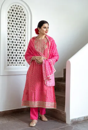Women Pink Muslin A-line Kurta Trouser Dupatta & Fancy Potli Set