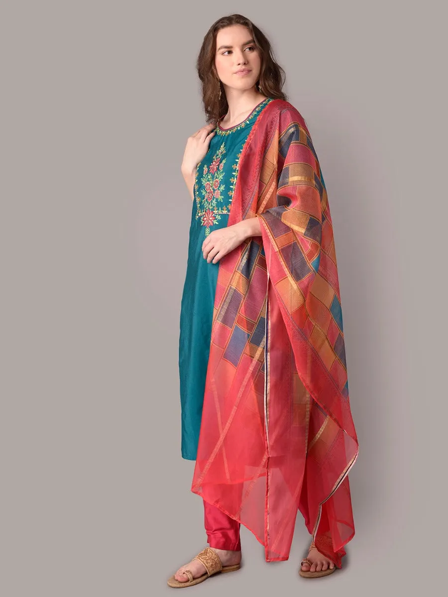 Women Teal Embroidered Straight Kurta Trouser Dupatta