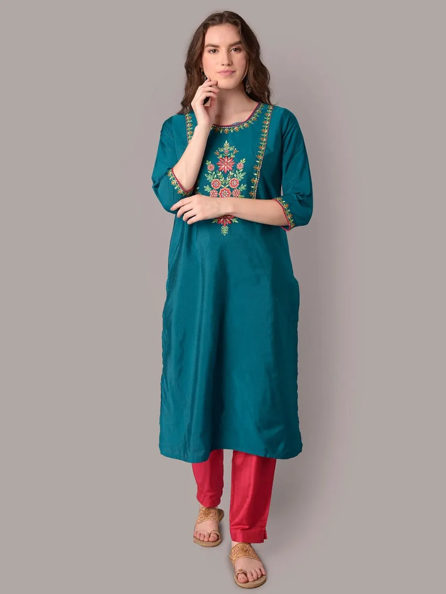 Women Teal Embroidered Straight Kurta Trouser Dupatta