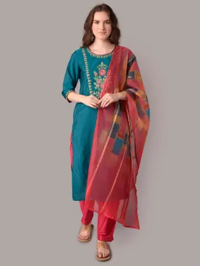 Women Teal Embroidered Straight Kurta Trouser Dupatta