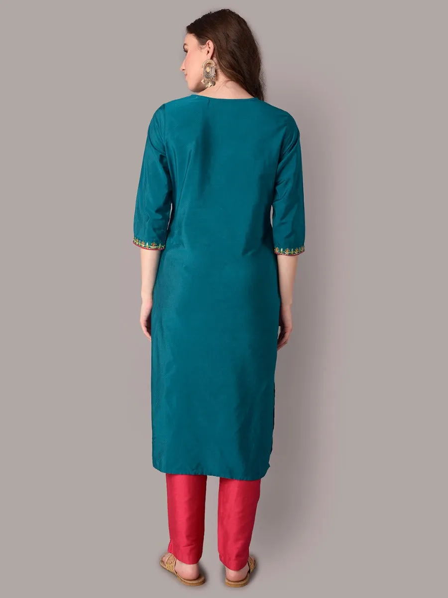 Women Teal Embroidered Straight Kurta Trouser Dupatta