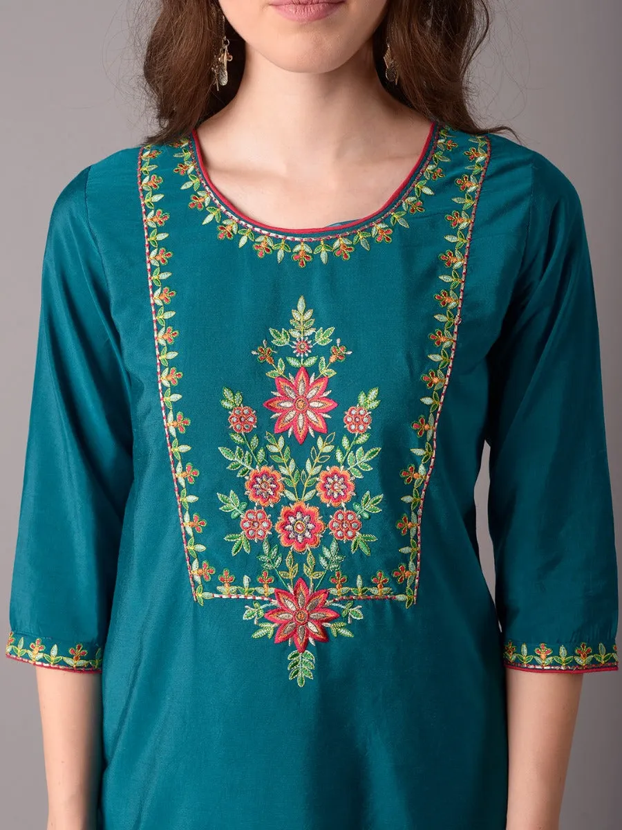 Women Teal Embroidered Straight Kurta Trouser Dupatta