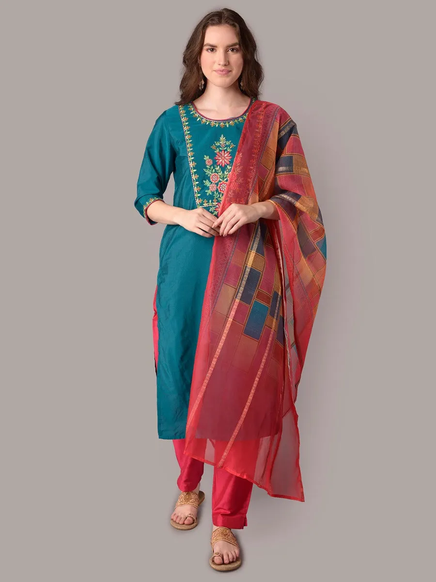 Women Teal Embroidered Straight Kurta Trouser Dupatta