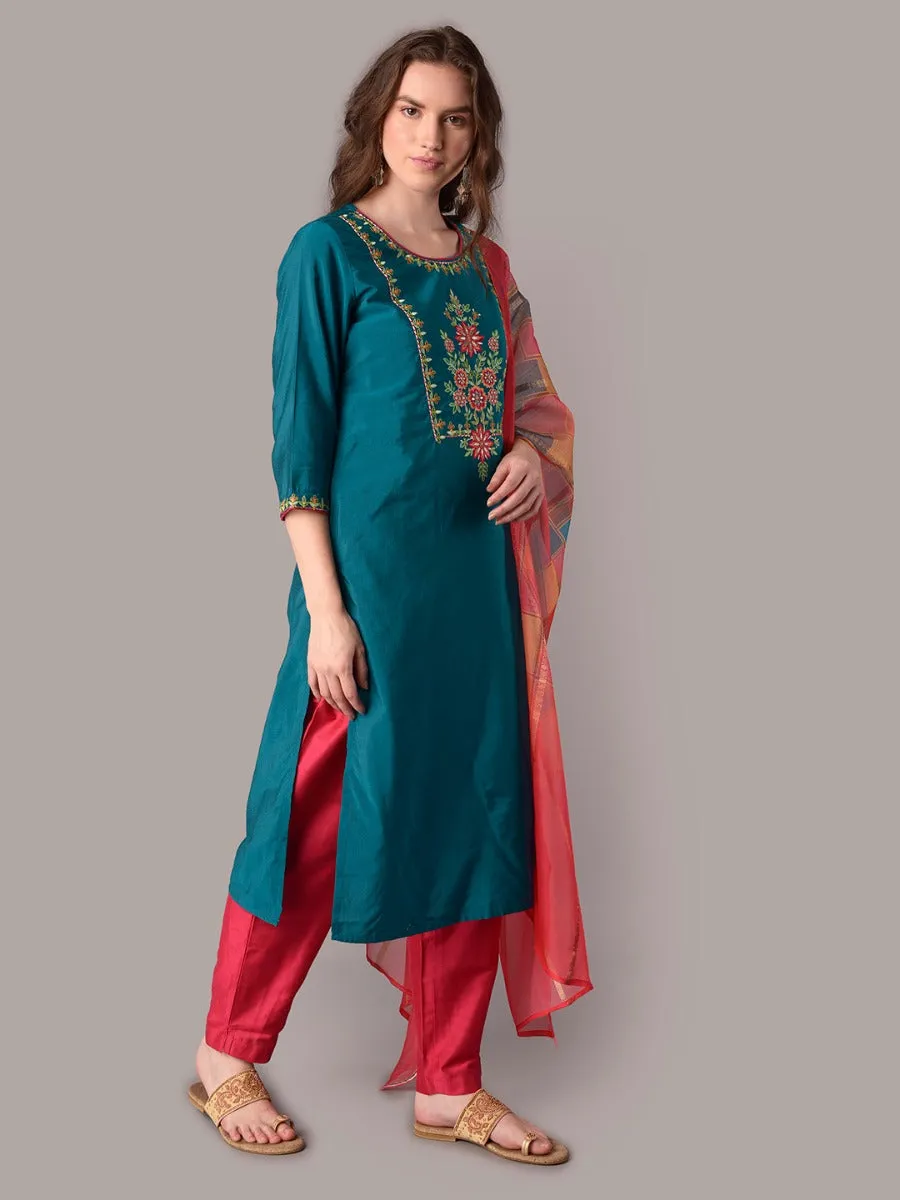 Women Teal Embroidered Straight Kurta Trouser Dupatta