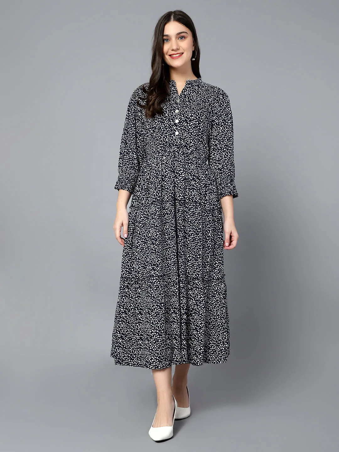 Women's Casual Mandarin Collar Navy Ditsy Print Fit & Flared Dress