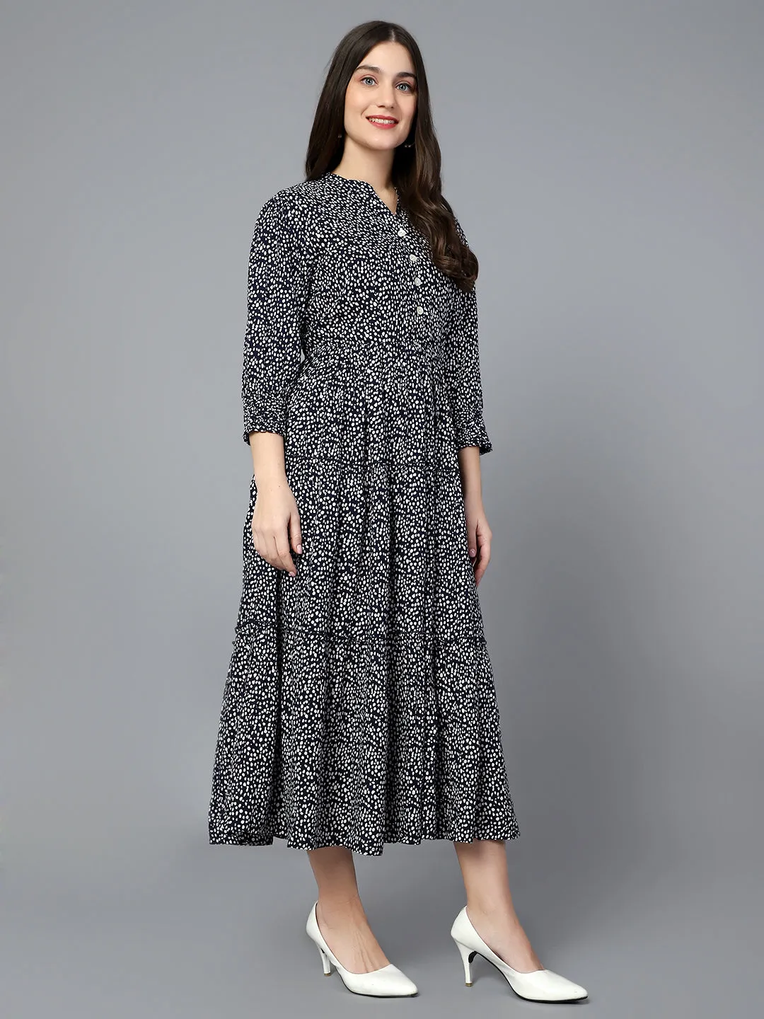Women's Casual Mandarin Collar Navy Ditsy Print Fit & Flared Dress