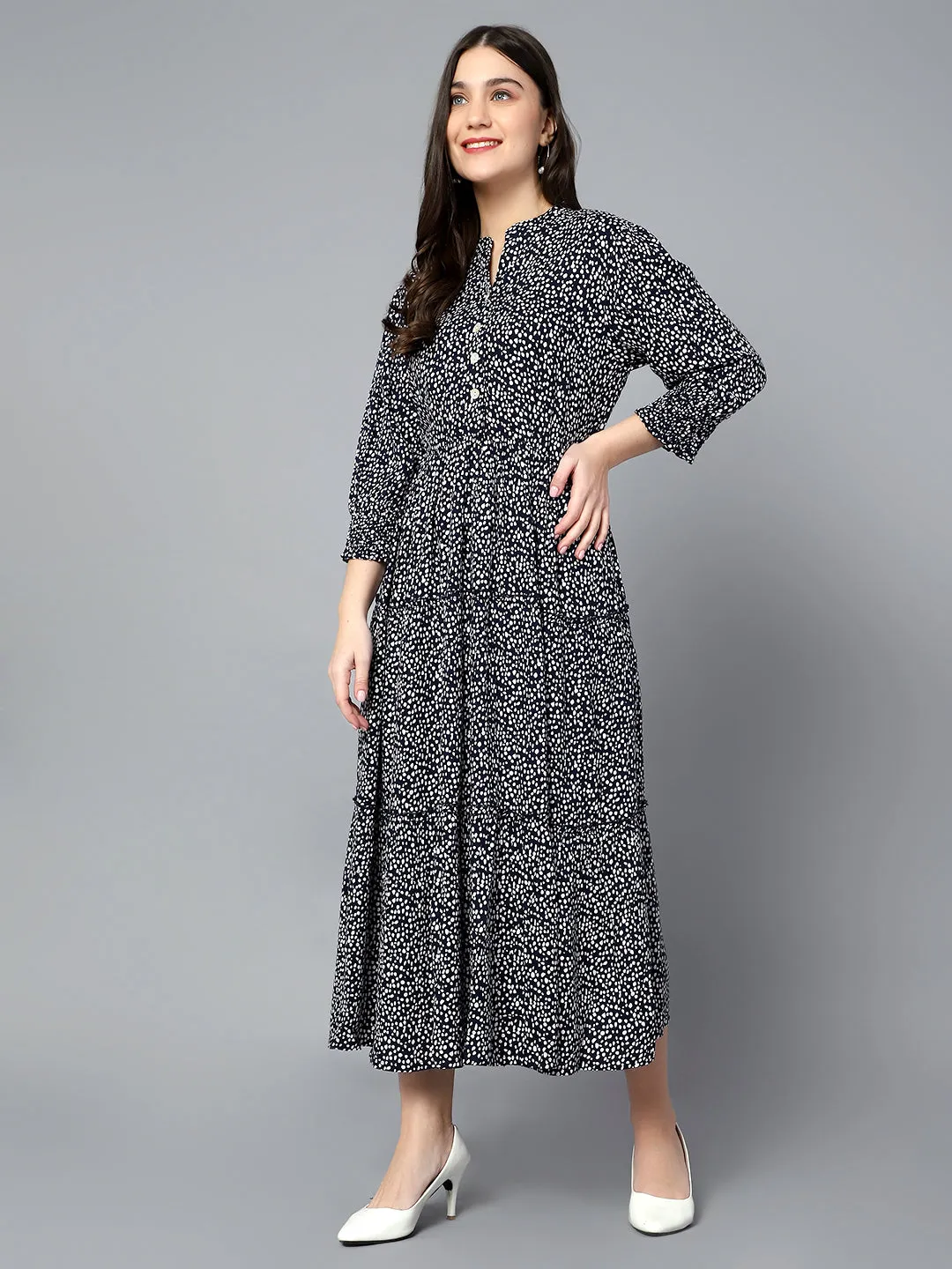 Women's Casual Mandarin Collar Navy Ditsy Print Fit & Flared Dress