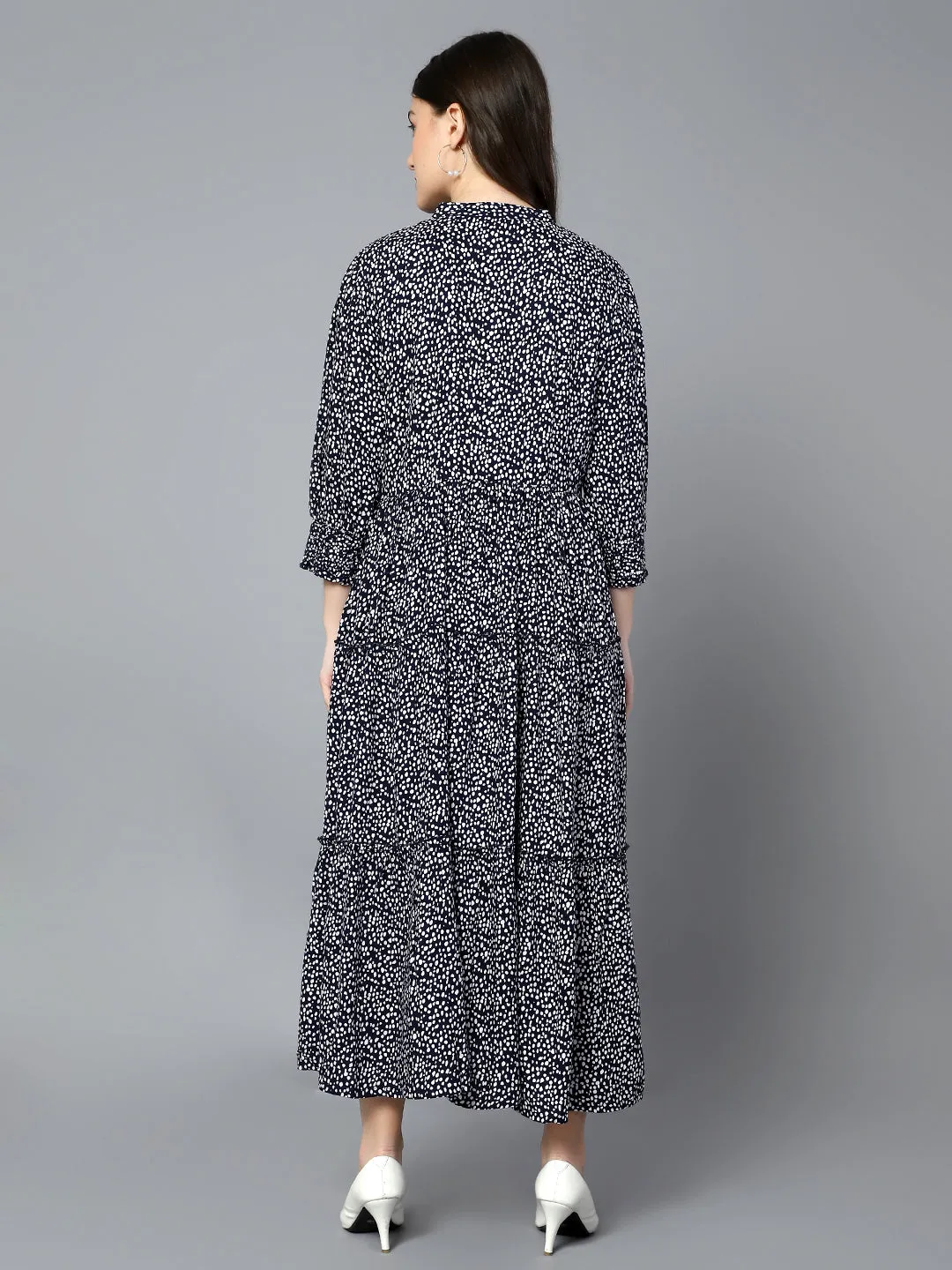 Women's Casual Mandarin Collar Navy Ditsy Print Fit & Flared Dress