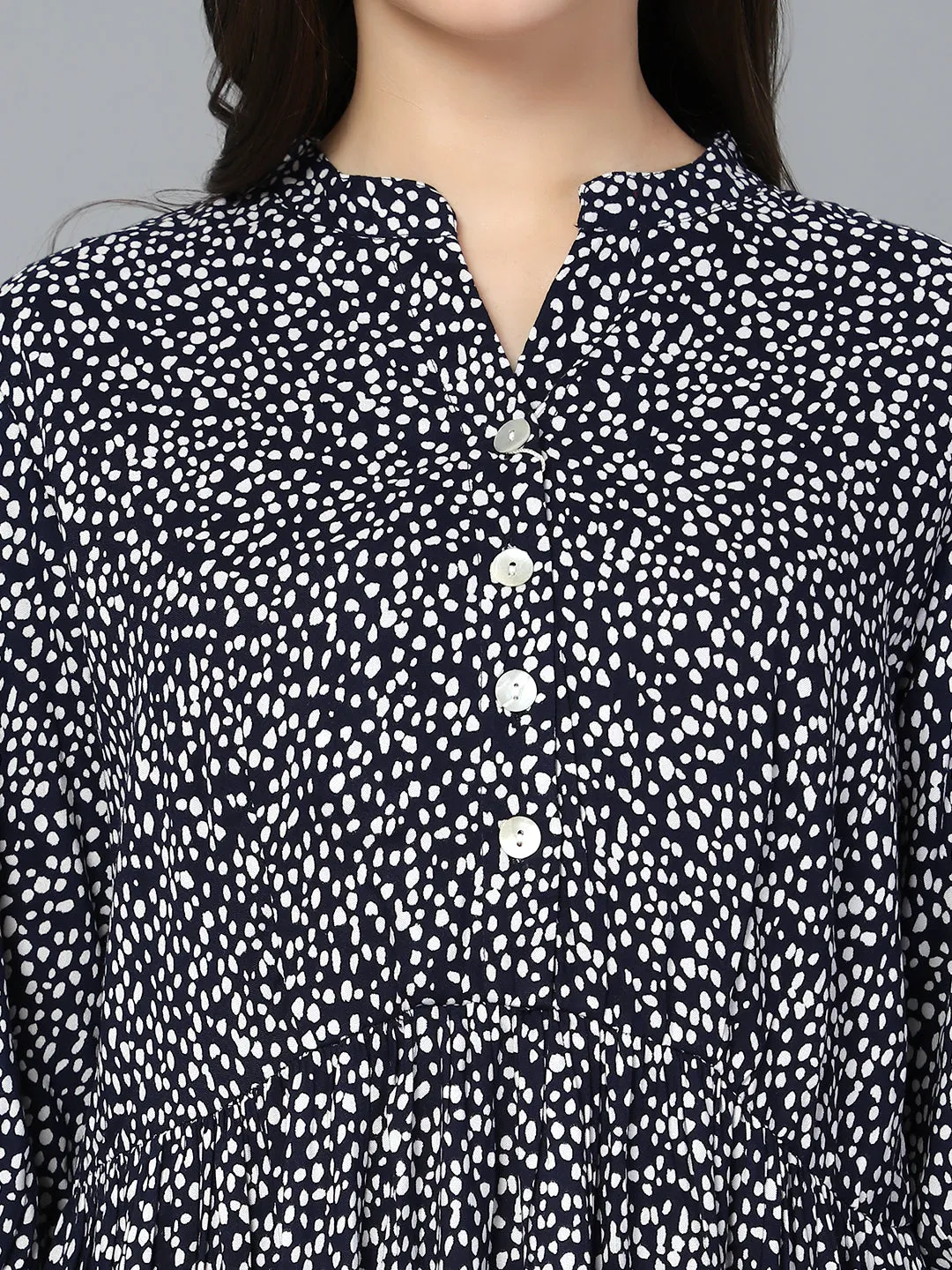 Women's Casual Mandarin Collar Navy Ditsy Print Fit & Flared Dress