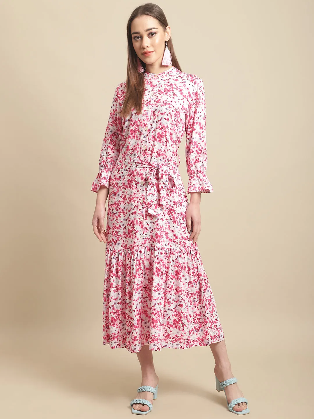 Women's Casual Round neck Red Ditsy Floral Print Fit & Flared Dress