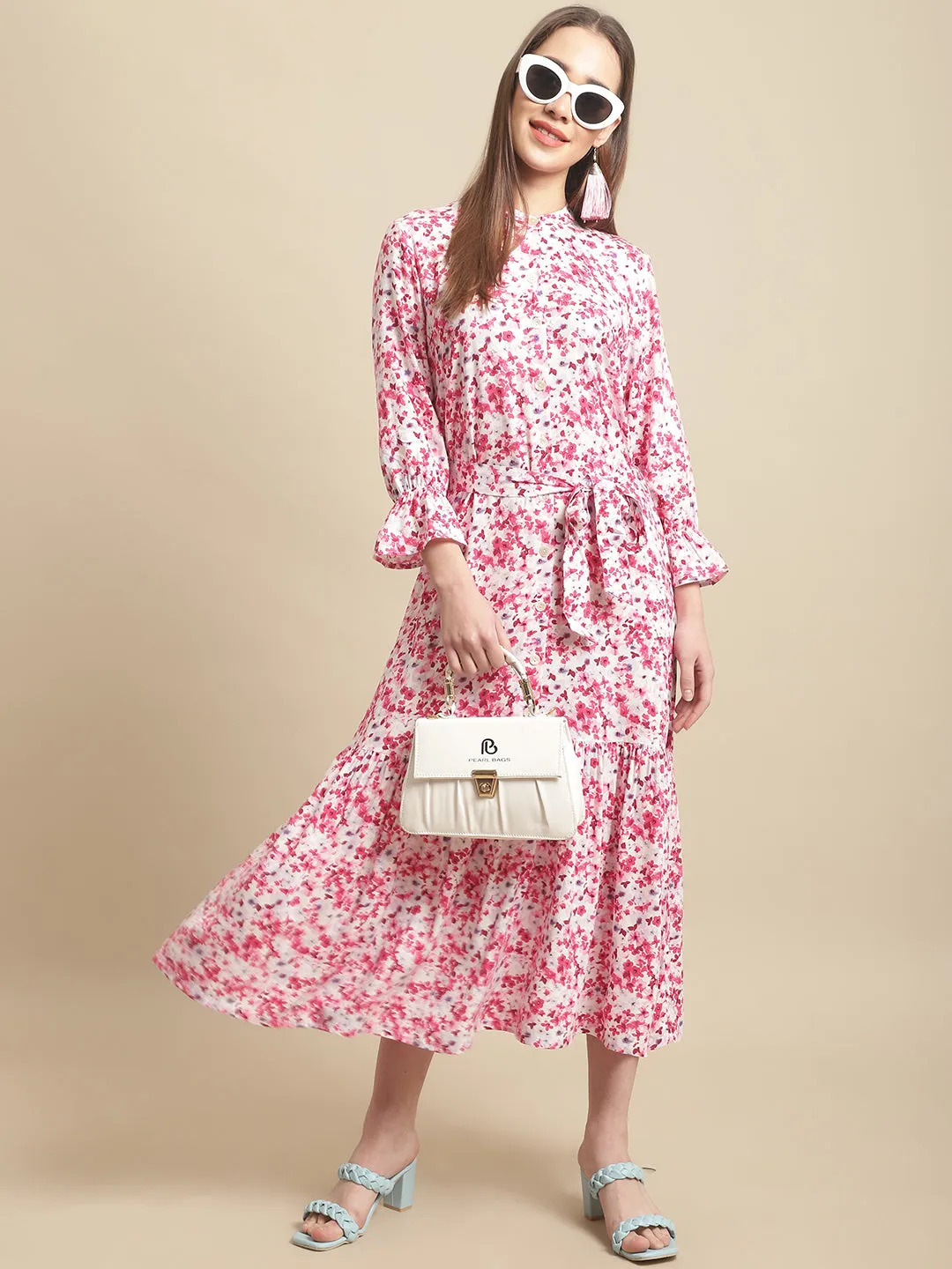 Women's Casual Round neck Red Ditsy Floral Print Fit & Flared Dress