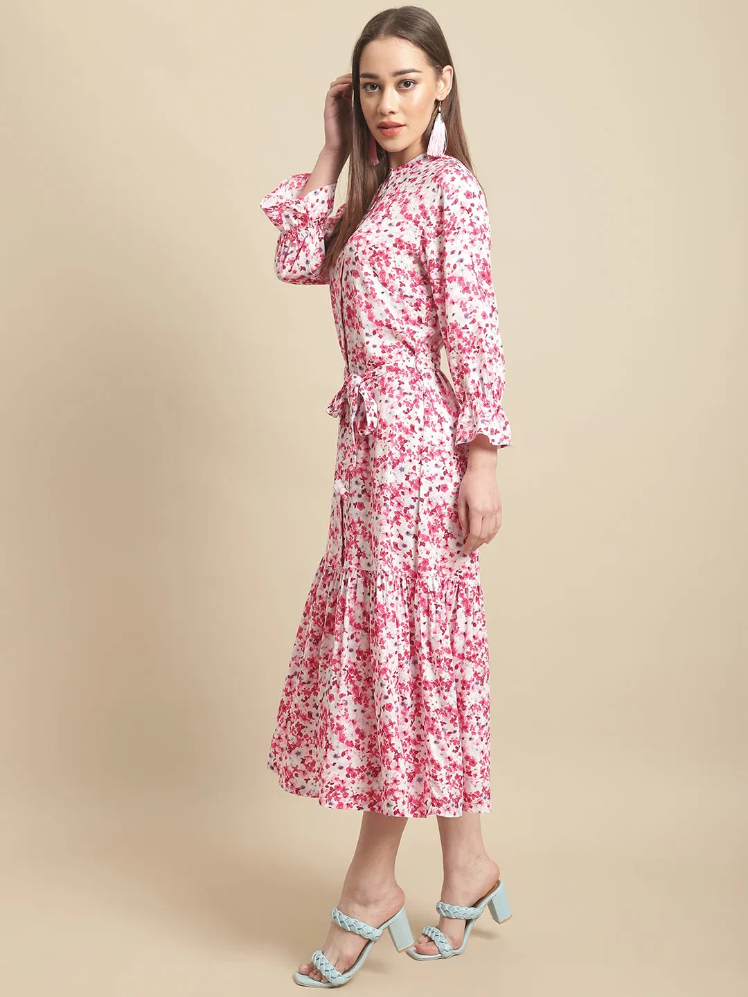 Women's Casual Round neck Red Ditsy Floral Print Fit & Flared Dress