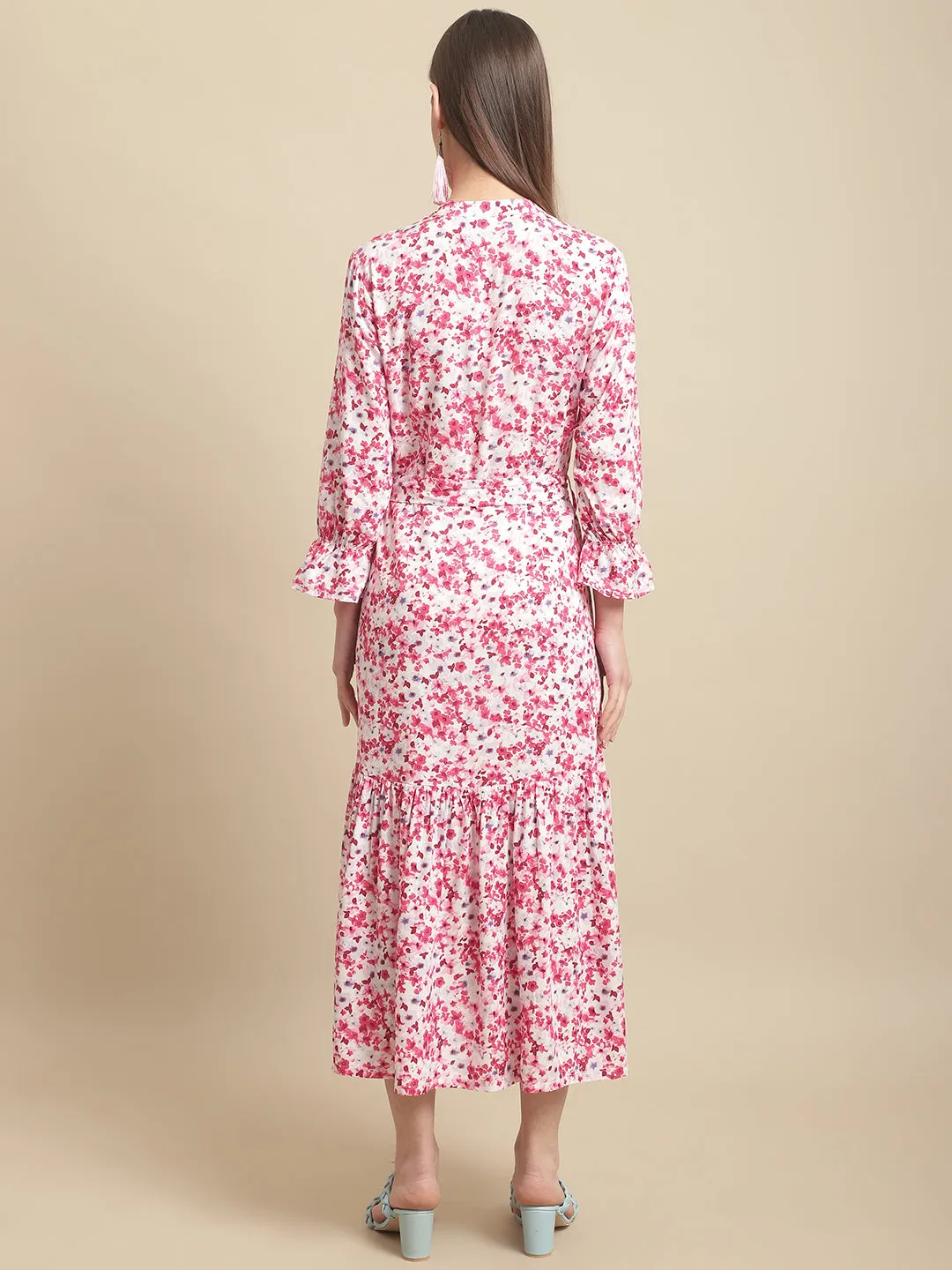 Women's Casual Round neck Red Ditsy Floral Print Fit & Flared Dress