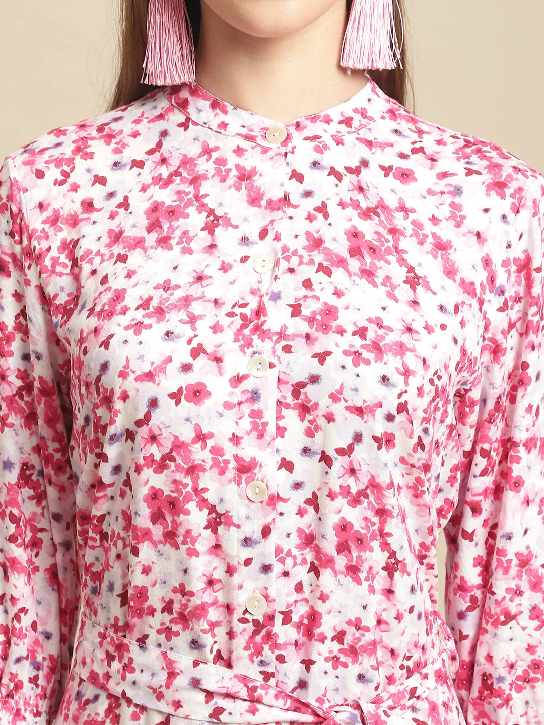 Women's Casual Round neck Red Ditsy Floral Print Fit & Flared Dress