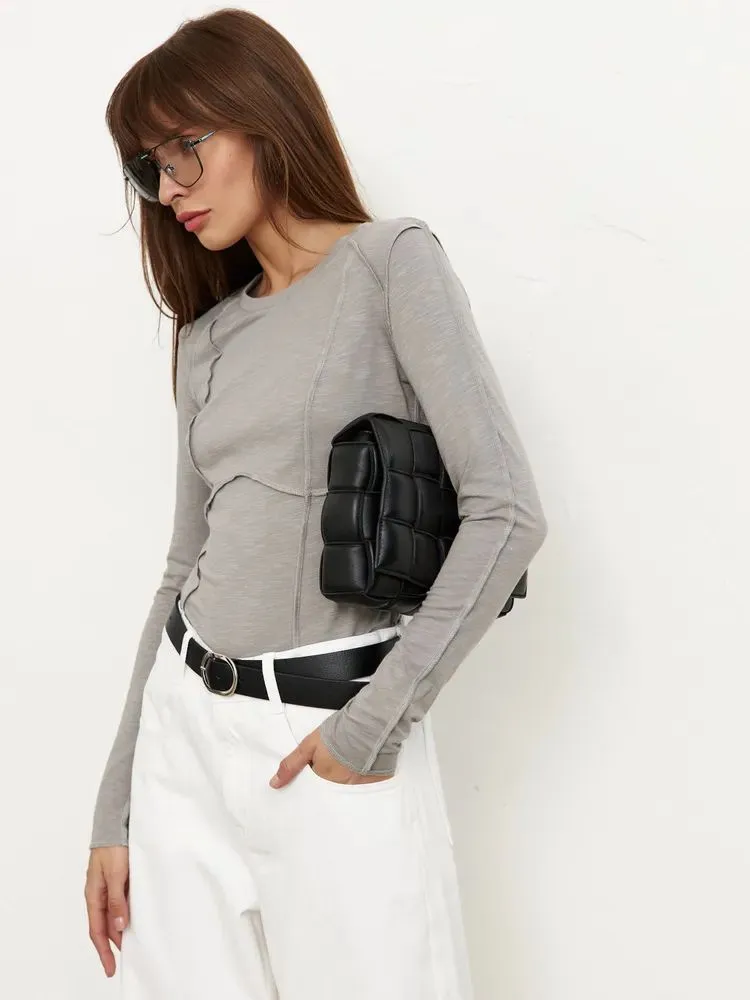 Women's Fashion Casual Contrast Stitching Crew Neck Long Sleeve T-Shirt