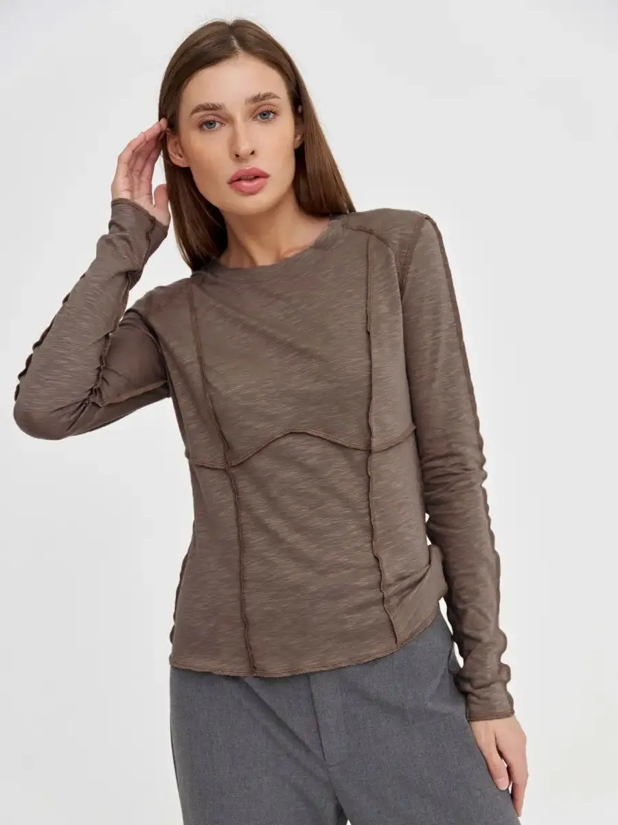 Women's Fashion Casual Contrast Stitching Crew Neck Long Sleeve T-Shirt