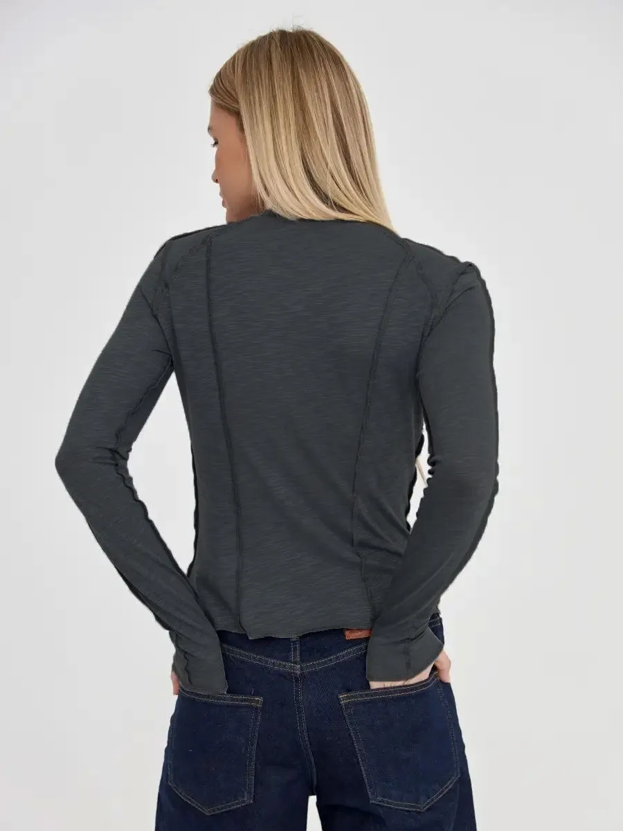 Women's Fashion Casual Contrast Stitching Crew Neck Long Sleeve T-Shirt