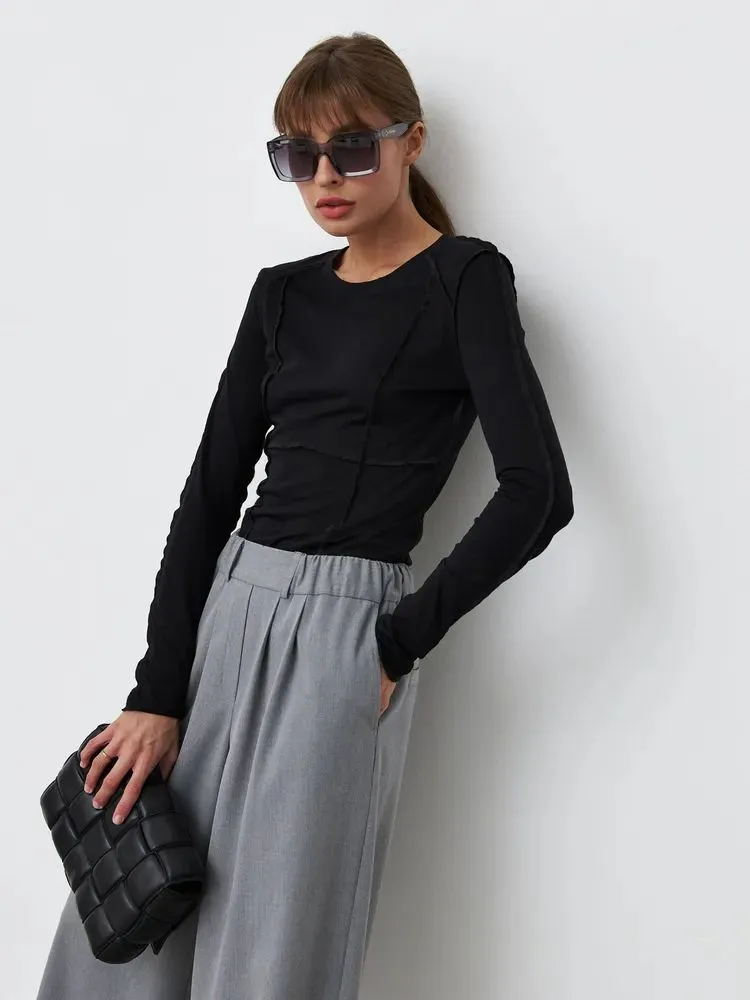 Women's Fashion Casual Contrast Stitching Crew Neck Long Sleeve T-Shirt