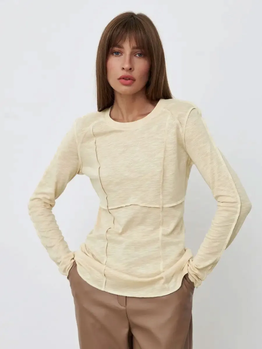 Women's Fashion Casual Contrast Stitching Crew Neck Long Sleeve T-Shirt