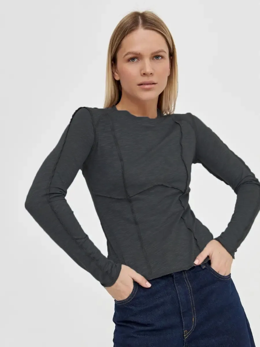 Women's Fashion Casual Contrast Stitching Crew Neck Long Sleeve T-Shirt